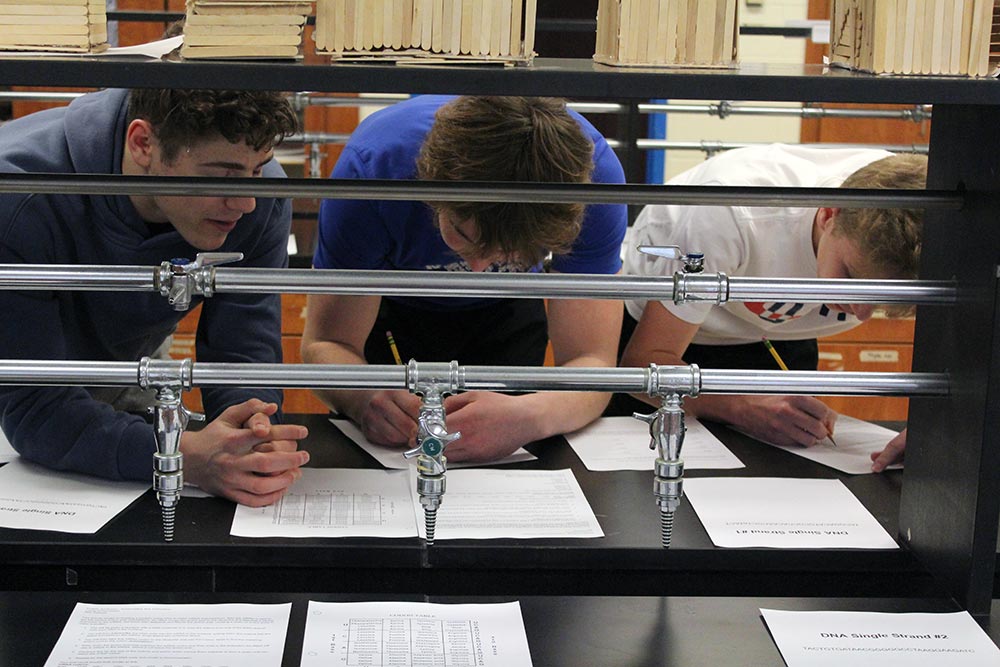 3 male students seen through the pipes of the science room lab tables working