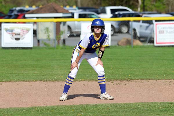 softball player leading off of 2nd base