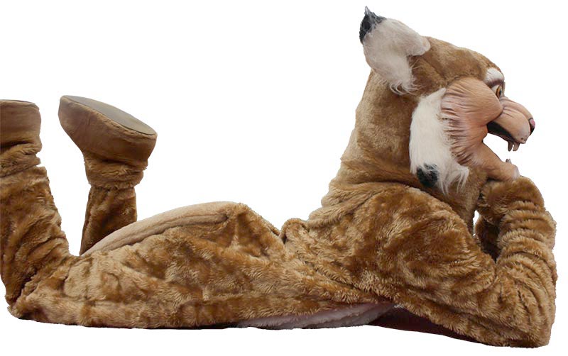 Wildcat mascot laying down with hands holding up its head