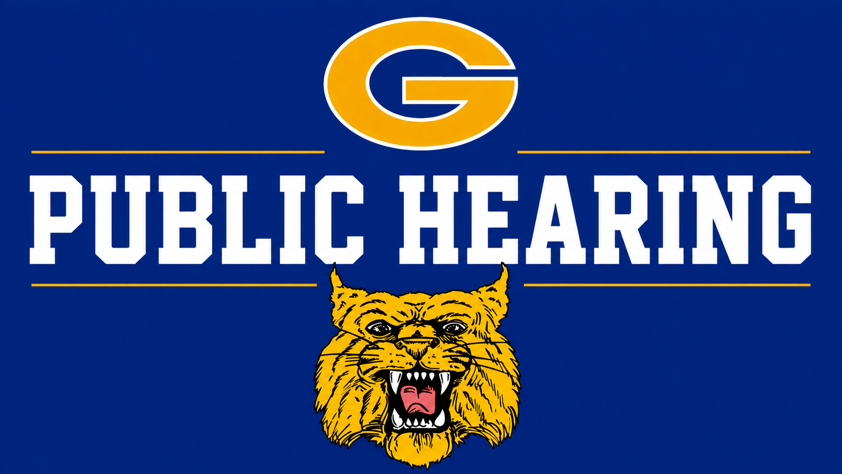 A graphic with a G and wildcat logo that says public hearing