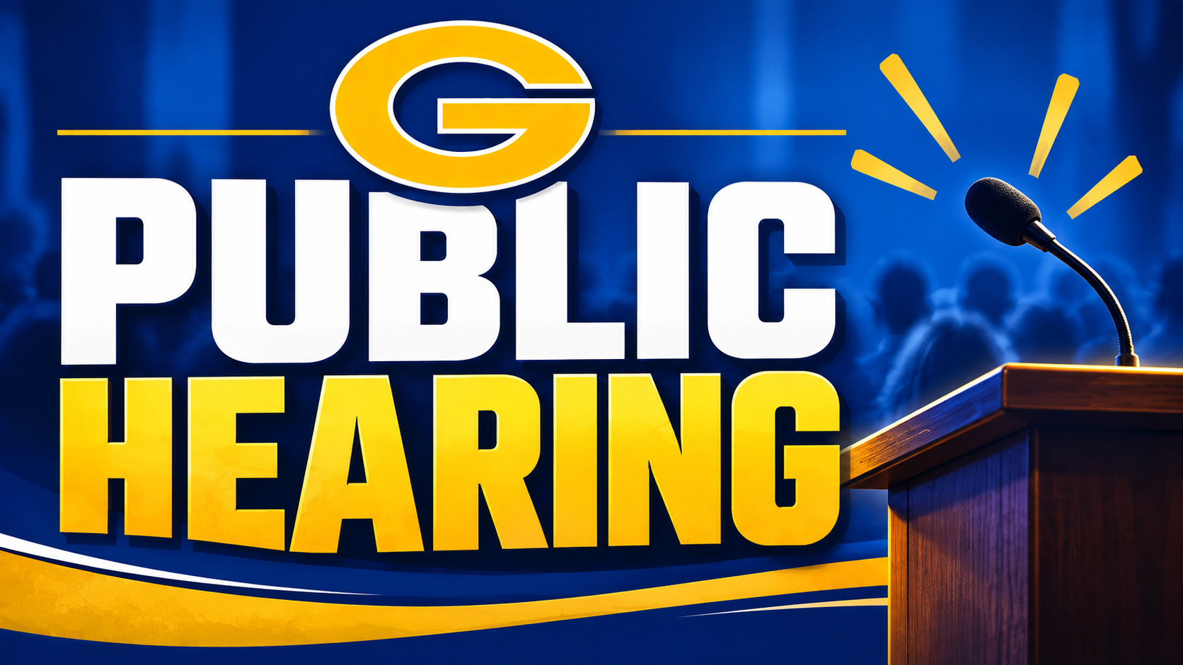 Graphic of a podium and microphone with text that says public hearing