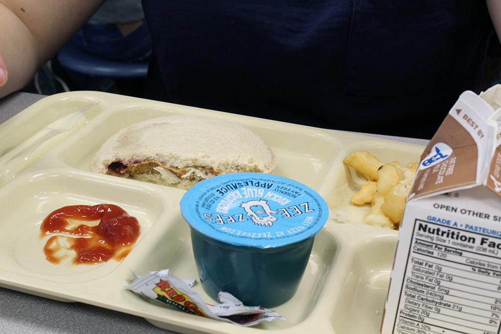 tray of lunch food featuring sandwich, apple sauce, chocolate milk, and french fries
